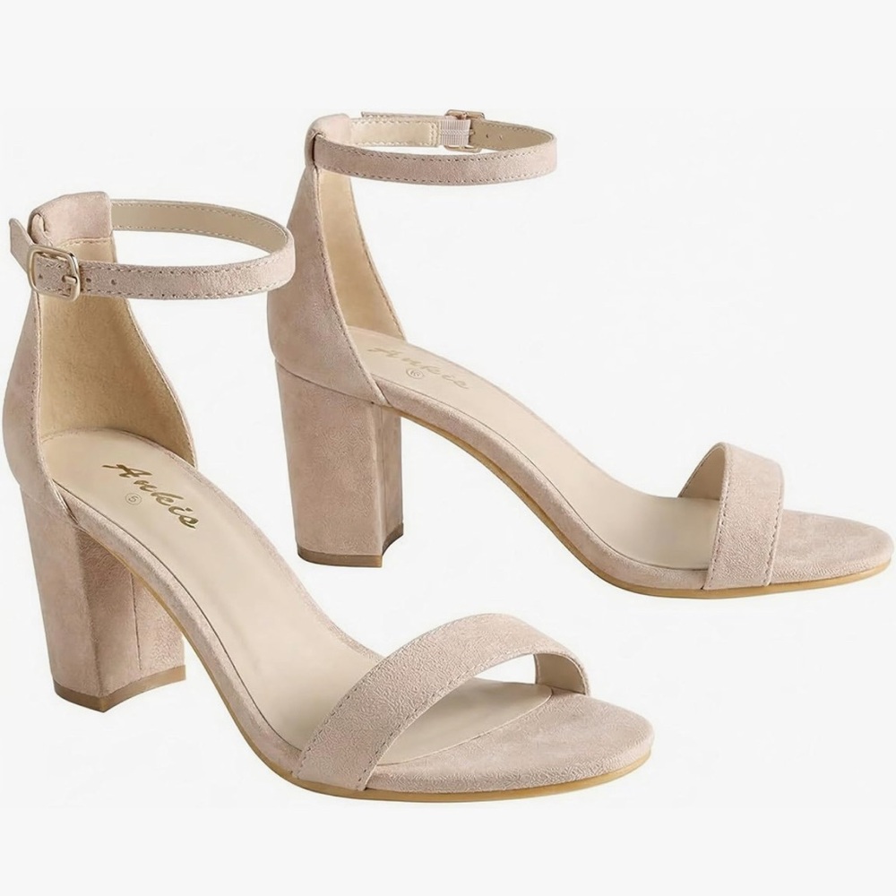ANKIS SZ 8.5 Suede Ankle Strap Block Heel Sandals
